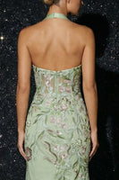 Load image into Gallery viewer, Floral Green Halter Appliqued Long Corset Prom Dress with Slit