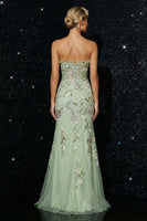 Load image into Gallery viewer, Floral Green Strapless Tulle Mermaid Long Corset Prom Dress with Slit