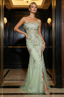 Load image into Gallery viewer, Floral Green Strapless Tulle Mermaid Long Corset Prom Dress with Slit