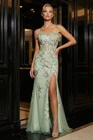 Load image into Gallery viewer, Floral Green Strapless Tulle Mermaid Long Corset Prom Dress with Slit