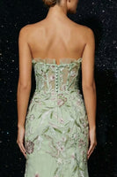 Load image into Gallery viewer, Floral Green Strapless Tulle Mermaid Long Corset Prom Dress with Slit