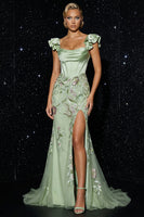 Load image into Gallery viewer, Floral Green Corset Appliqued Mermaid Long Ruffled Prom Dress with Slit