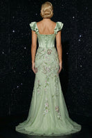 Load image into Gallery viewer, Floral Green Corset Appliqued Mermaid Long Ruffled Prom Dress with Slit