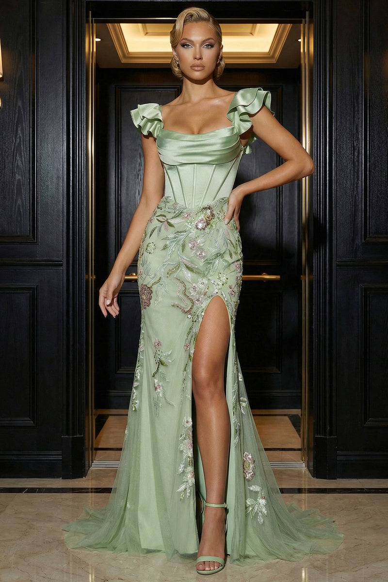 Load image into Gallery viewer, Floral Green Corset Appliqued Mermaid Long Ruffled Prom Dress with Slit