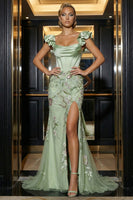 Load image into Gallery viewer, Floral Green Corset Appliqued Mermaid Long Ruffled Prom Dress with Slit