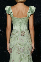 Load image into Gallery viewer, Floral Green Corset Appliqued Mermaid Long Ruffled Prom Dress with Slit