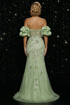Floral Green Off the Shoulder Mermaid Long Corset Prom Dress with Slit
