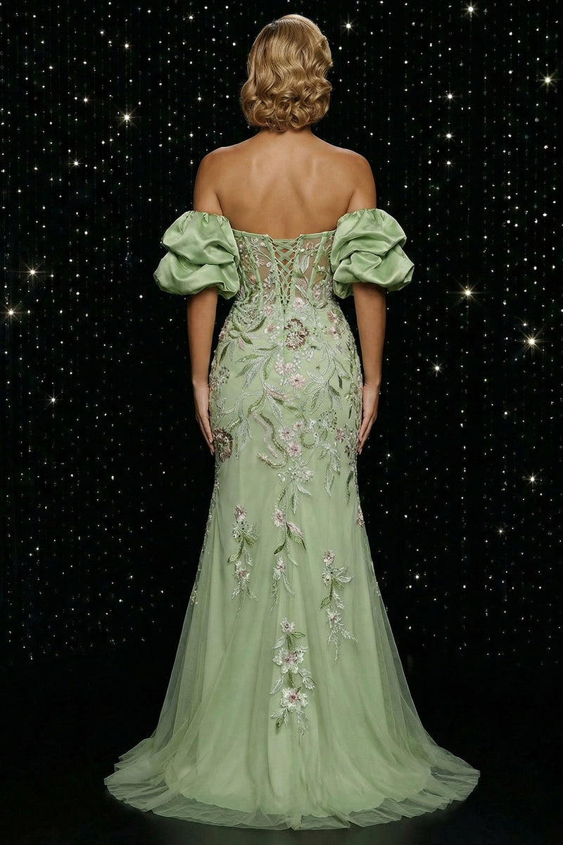 Load image into Gallery viewer, Floral Green Off the Shoulder Mermaid Long Corset Prom Dress with Slit