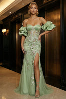 Load image into Gallery viewer, Floral Green Off the Shoulder Mermaid Long Corset Prom Dress with Slit