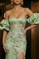 Load image into Gallery viewer, Floral Green Off the Shoulder Mermaid Long Corset Prom Dress with Slit