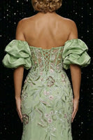 Load image into Gallery viewer, Floral Green Off the Shoulder Mermaid Long Corset Prom Dress with Slit