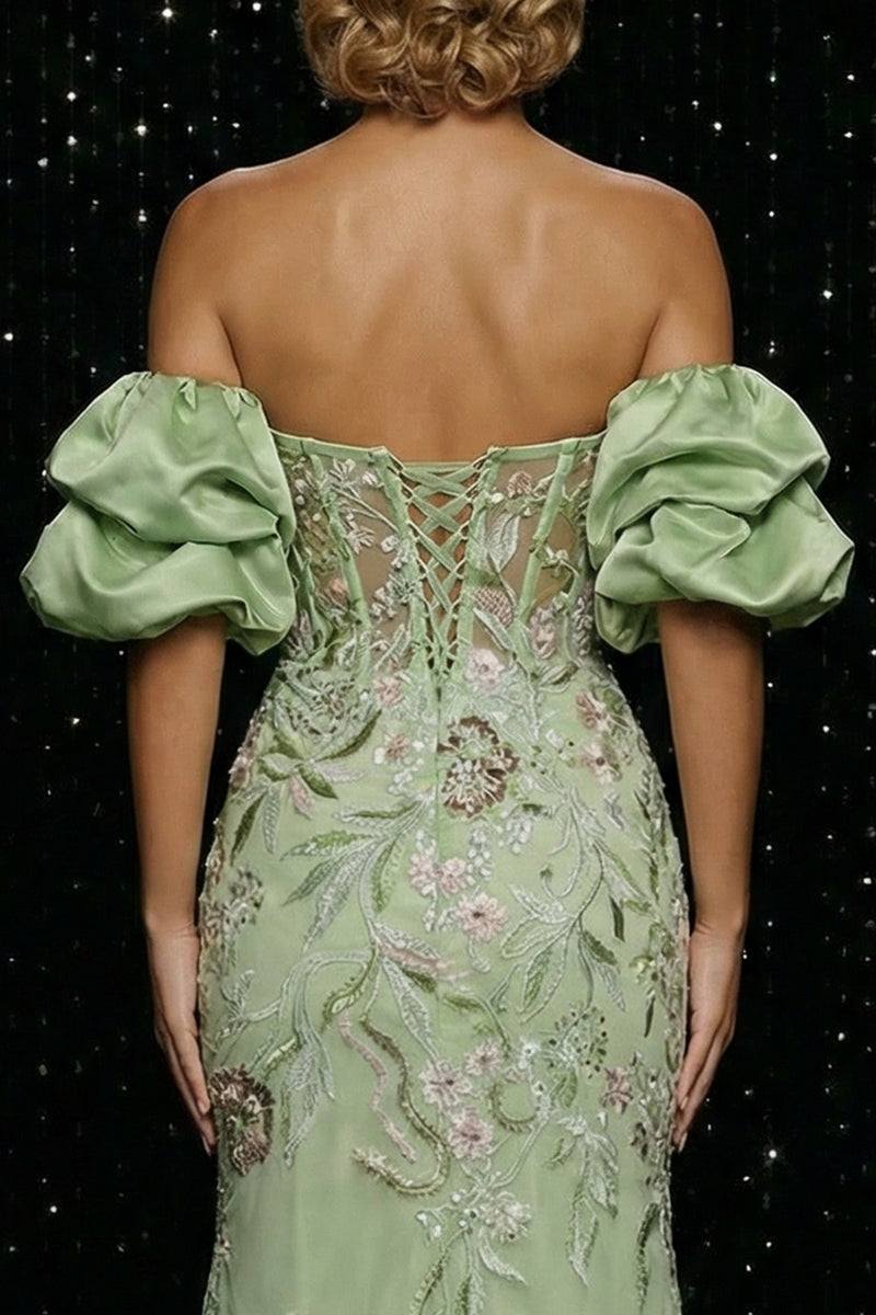 Load image into Gallery viewer, Floral Green Off the Shoulder Mermaid Long Corset Prom Dress with Slit