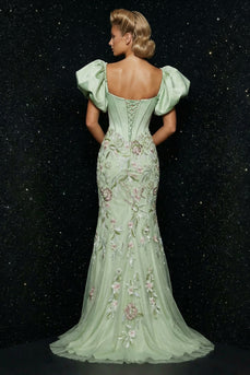 Floral Green Puff Sleeves Mermaid Long Corset Prom Dress with Slit