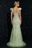 Load image into Gallery viewer, Floral Green Corset Cap Sleeves Long Mermaid Prom Dress with Slit