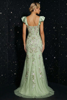 Floral Green Corset Cap Sleeves Long Mermaid Prom Dress with Slit