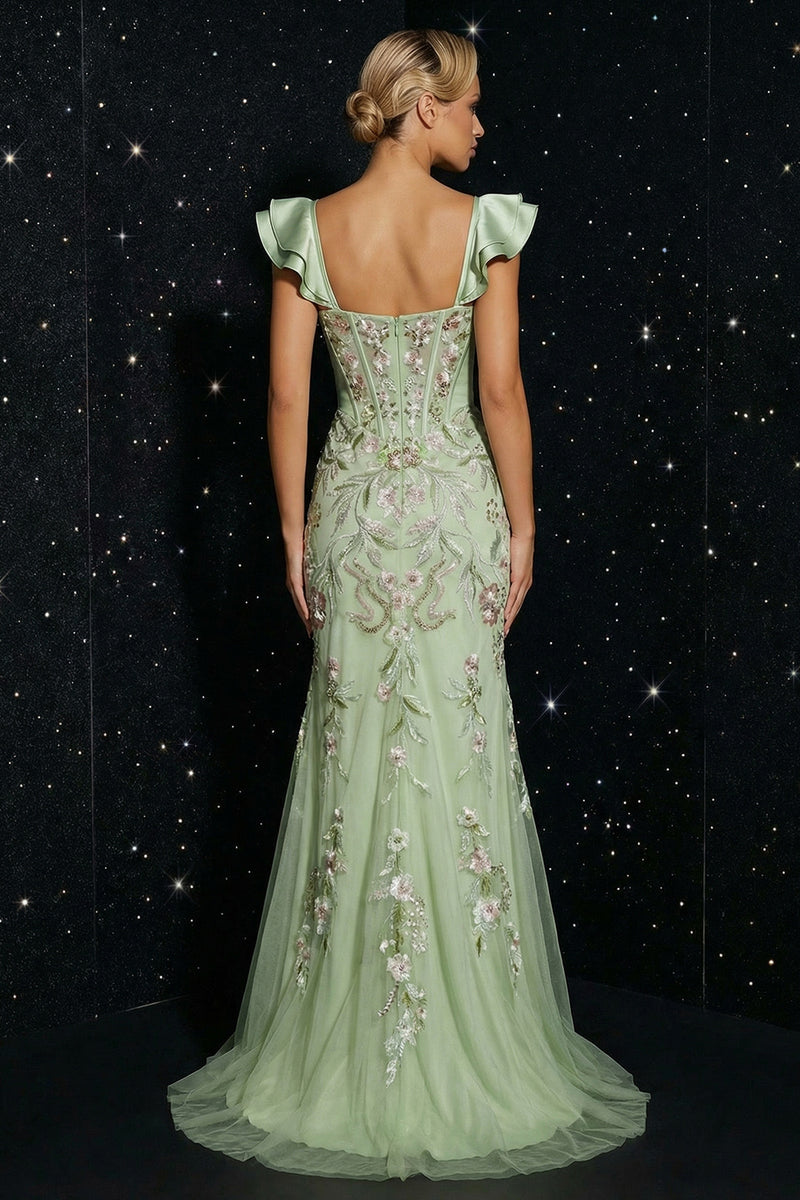 Load image into Gallery viewer, Floral Green Corset Cap Sleeves Long Mermaid Prom Dress with Slit