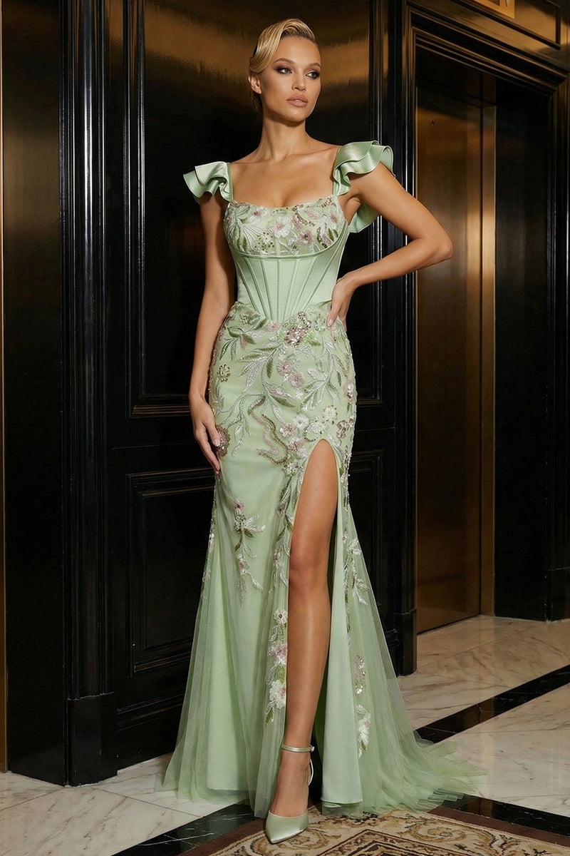 Load image into Gallery viewer, Floral Green Corset Cap Sleeves Long Mermaid Prom Dress with Slit