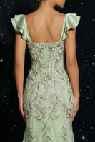 Load image into Gallery viewer, Floral Green Corset Cap Sleeves Long Mermaid Prom Dress with Slit