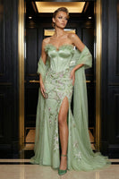 Load image into Gallery viewer, Floral Green Mermaid Sweetheart Ruffled Long Corset Prom Dress with Slit