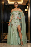 Load image into Gallery viewer, Floral Green Sheath Off the Shoulder Ruffled Long Corset Prom Dress with Slit