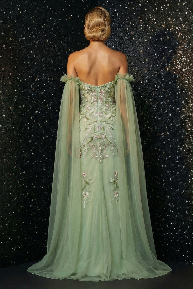 Load image into Gallery viewer, Floral Green Sheath Off the Shoulder Ruffled Long Corset Prom Dress with Slit