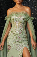Load image into Gallery viewer, Floral Green Sheath Off the Shoulder Ruffled Long Corset Prom Dress with Slit