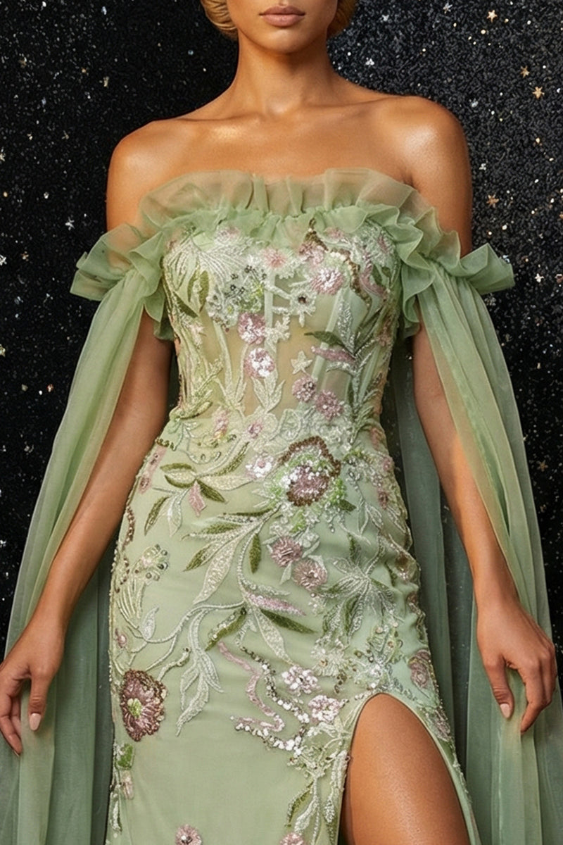 Load image into Gallery viewer, Floral Green Sheath Off the Shoulder Ruffled Long Corset Prom Dress with Slit