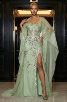 Load image into Gallery viewer, Green Corset Mermaid Strapless Ruffled Long Floral Prom Dress with Slit