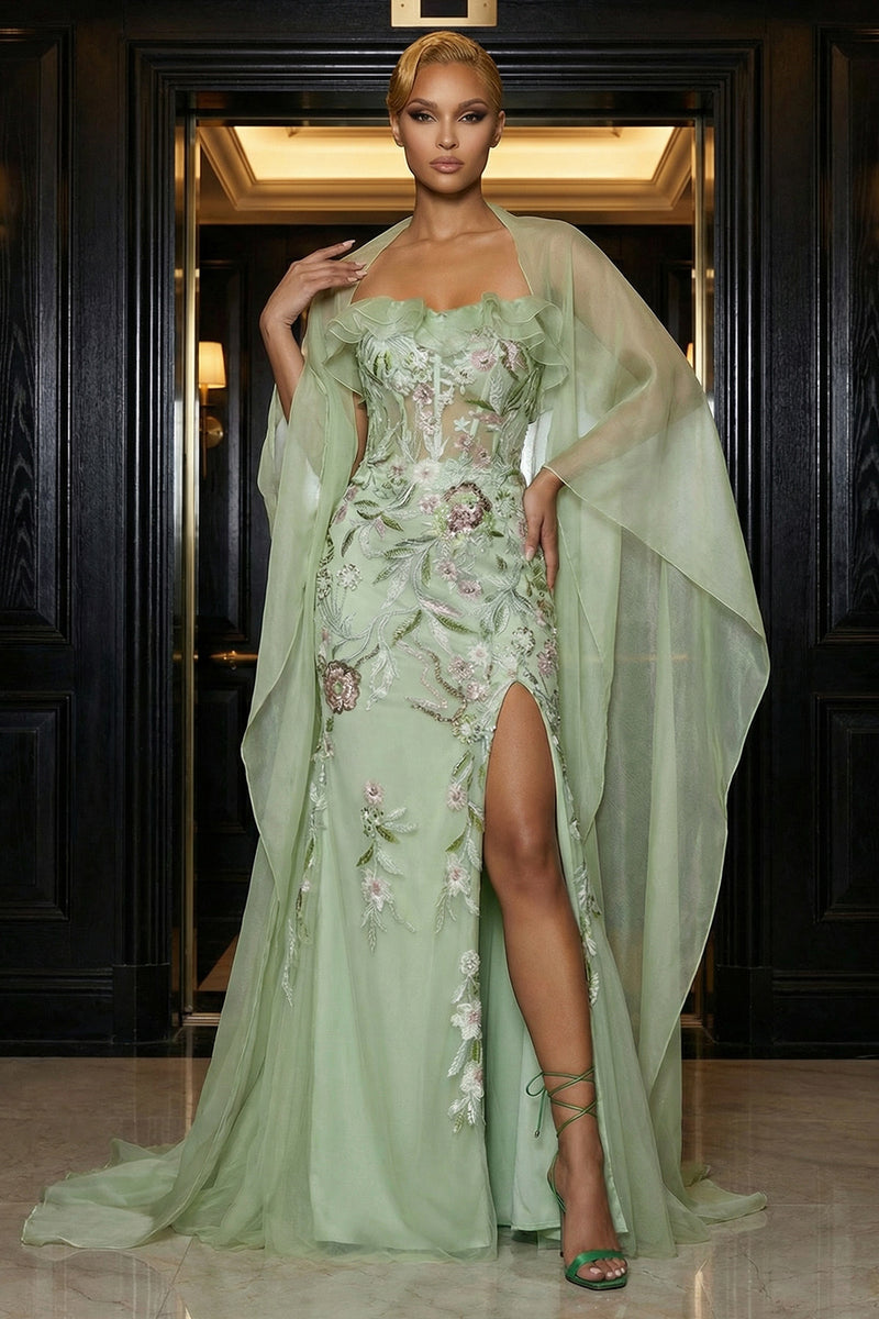 Load image into Gallery viewer, Green Corset Mermaid Strapless Ruffled Long Floral Prom Dress with Slit