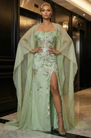 Load image into Gallery viewer, Green Corset Mermaid Strapless Ruffled Long Floral Prom Dress with Slit
