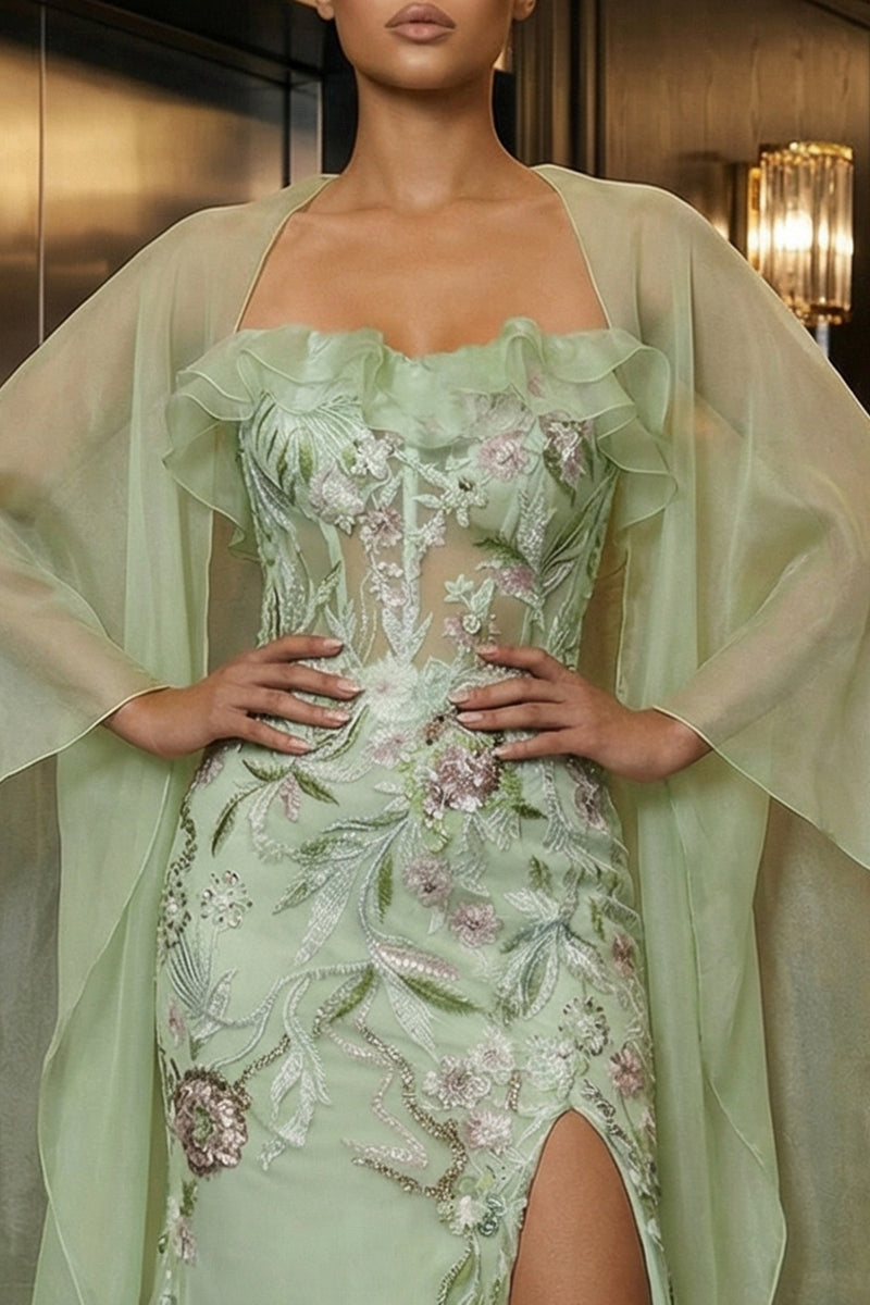 Load image into Gallery viewer, Green Corset Mermaid Strapless Ruffled Long Floral Prom Dress with Slit