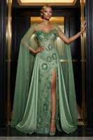 Load image into Gallery viewer, Floral Green Sheath Spaghetti Straps Long Corset Prom Dress with Slit