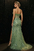 Load image into Gallery viewer, Floral Green Spaghetti Straps Mermaid Long Corset Prom Dress with Slit