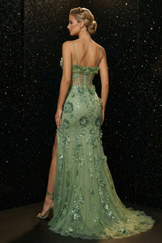 Floral Green Spaghetti Straps Mermaid Long Corset Prom Dress with Slit