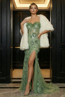 Load image into Gallery viewer, Floral Green Spaghetti Straps Mermaid Long Corset Prom Dress with Slit