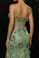 Load image into Gallery viewer, Floral Green Spaghetti Straps Mermaid Long Corset Prom Dress with Slit
