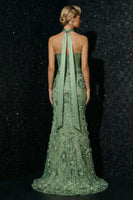 Load image into Gallery viewer, Sparkly Floral Green Strapless Mermaid Long Corset Prom Dress with Slit