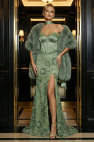 Load image into Gallery viewer, Sparkly Floral Green Strapless Mermaid Long Corset Prom Dress with Slit