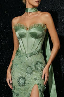 Load image into Gallery viewer, Sparkly Floral Green Strapless Mermaid Long Corset Prom Dress with Slit