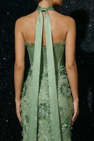 Load image into Gallery viewer, Sparkly Floral Green Strapless Mermaid Long Corset Prom Dress with Slit