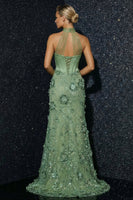 Load image into Gallery viewer, Sparkly Green High Neck Corset Mermaid Long Floral Prom Dress with Slit