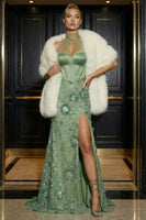 Load image into Gallery viewer, Sparkly Green High Neck Corset Mermaid Long Floral Prom Dress with Slit
