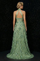 Load image into Gallery viewer, Floral Green Halter A Line High-Low Corset Prom Dress with Appliques