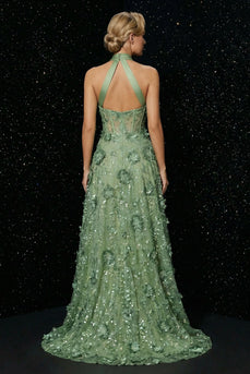 Floral Green Halter A Line High-Low Corset Prom Dress with Appliques