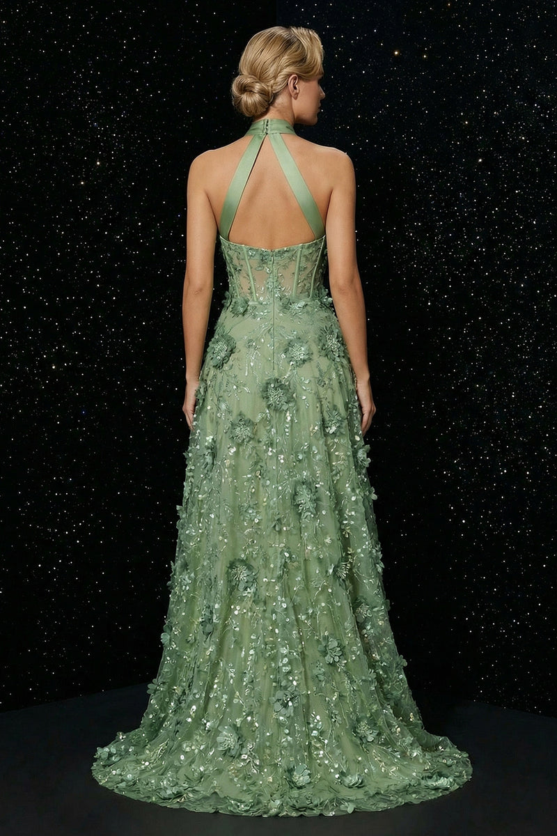 Load image into Gallery viewer, Floral Green Halter A Line High-Low Corset Prom Dress with Appliques