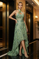 Load image into Gallery viewer, Floral Green Halter A Line High-Low Corset Prom Dress with Appliques