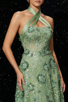 Load image into Gallery viewer, Floral Green Halter A Line High-Low Corset Prom Dress with Appliques
