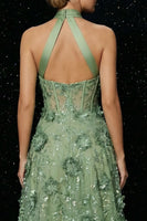 Load image into Gallery viewer, Floral Green Halter A Line High-Low Corset Prom Dress with Appliques