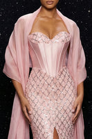 Load image into Gallery viewer, Sparkly Pink Sweetheart Mermaid Long Corset Prom Dress with Slit