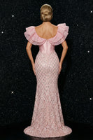 Load image into Gallery viewer, Sparkly Pink Mermaid Sequin Ruffled Long Corset Prom Dress with Slit